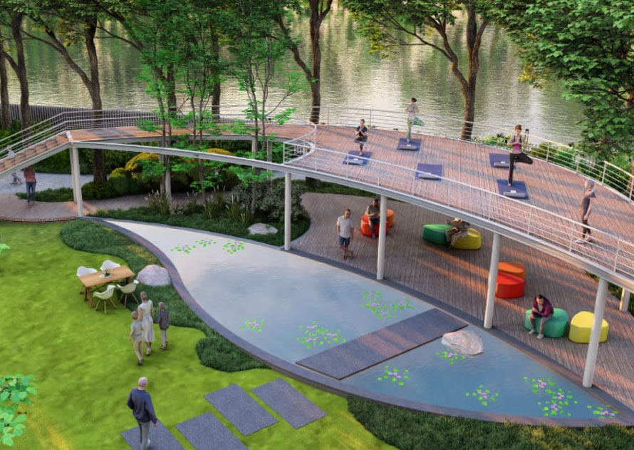 Practice yoga next to a lake in Nestcon Meluha, one of the luxury gated communities near Shamirpet
